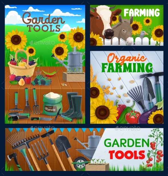 Farming and Gardening Tools, Vector Banners
