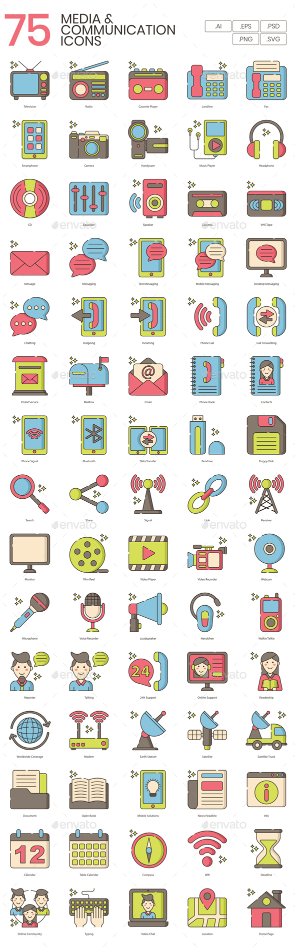 75 Communication & Media Icons - Hazel Series