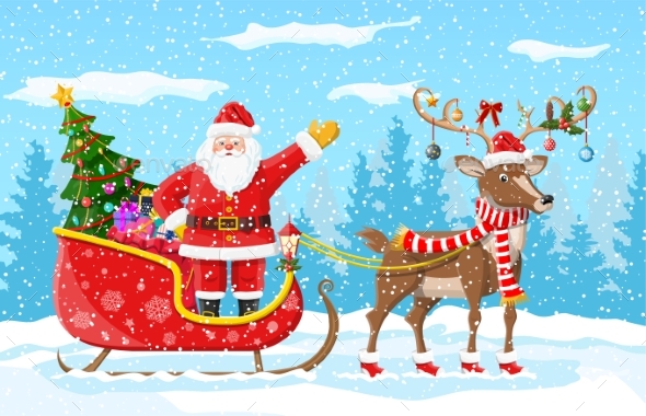 Christmas Tree Santa Claus with Reindeer Sleigh