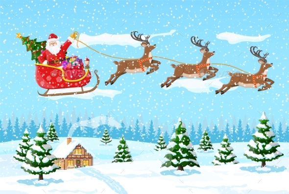 Christmas Santa Claus Rides Reindeer Sleigh.