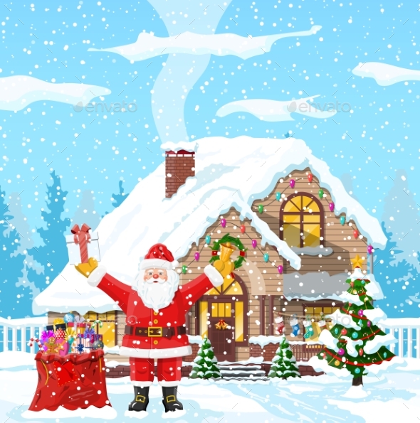 Christmas Background. Santa Claus with Bag Gifts