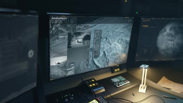 Futuristic spy computer tech collects the coordinates data of the enemy airbase alt