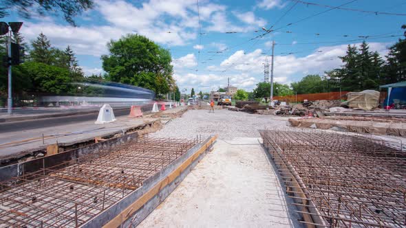 Road Construction Site with Tram Tracks Repair and Maintenance Timelapse