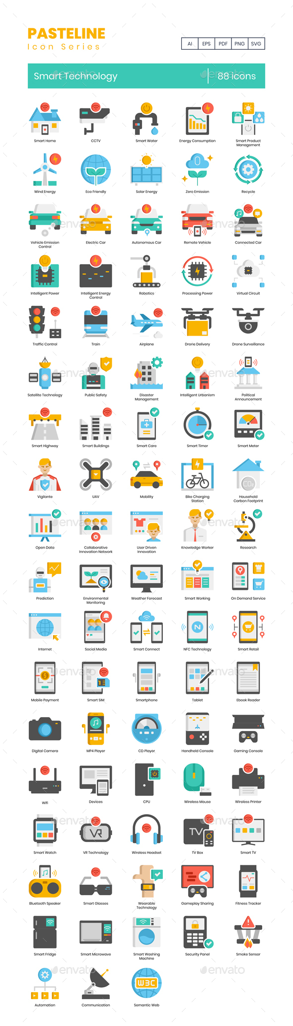 88 Smart Technology Icons - Pasteline Series