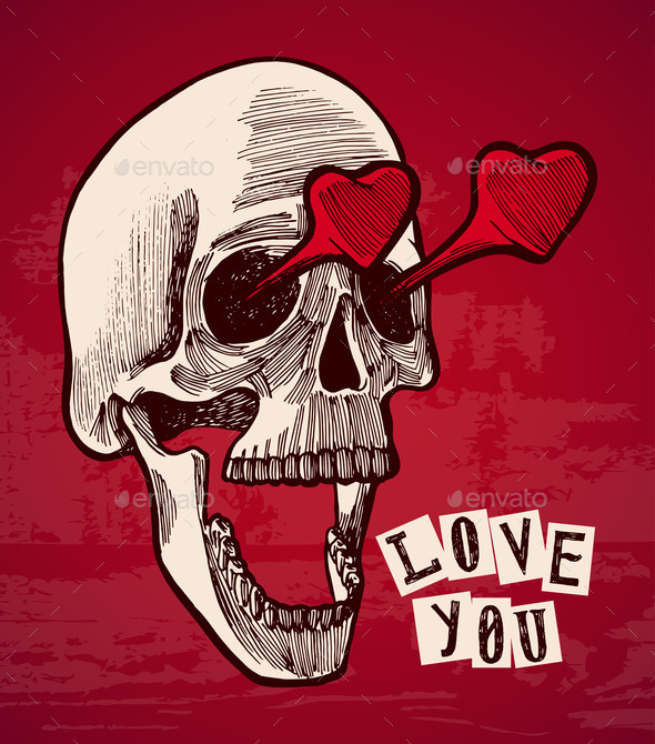 Valentines Card - Vintage Skull with Heart Eyes