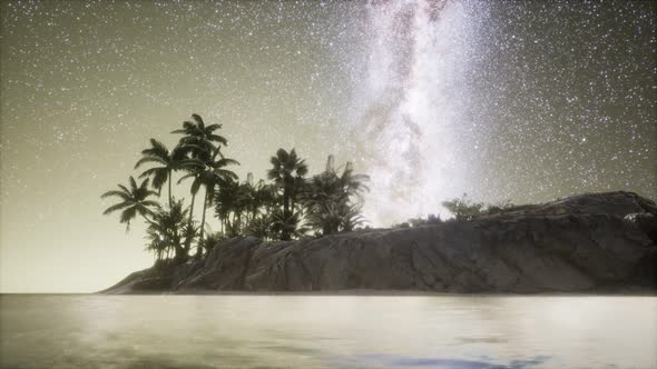 Beautiful Fantasy Tropical Beach with Milky Way Star in Night Skies