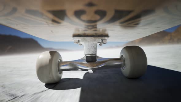 Skateboard ride on a dry field during sunny weather. Teenage sports activity 4K