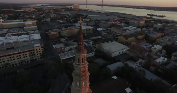 Aerial of downtown Charleston sunrise with Saint Philips Church