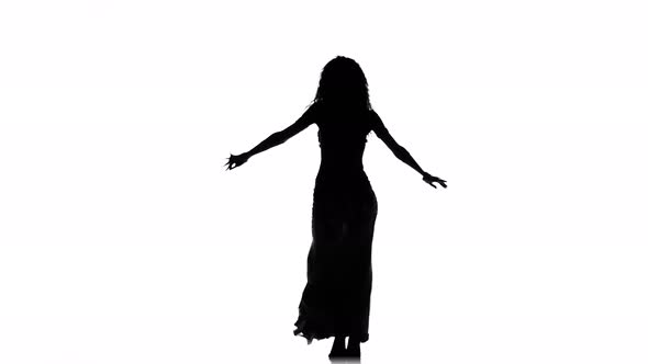Talanted Long-haired Exotic Belly Dancer Girl Go on Dance on White, Silhouette