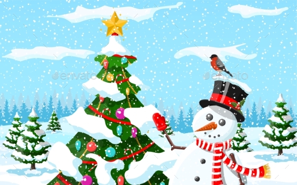Christmas Background. Snowman with Fir Tree.