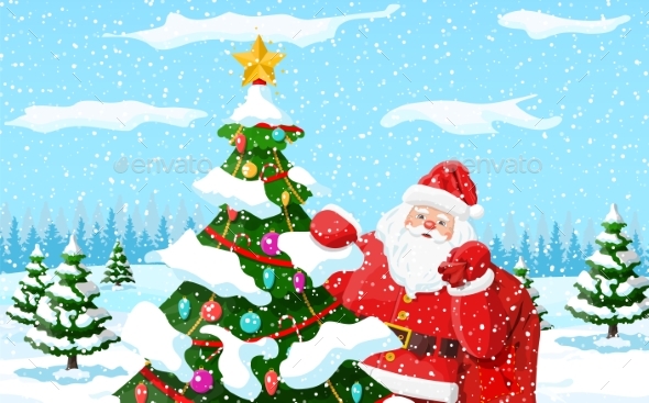 Christmas Background. Santa Claus with Bag Gifts