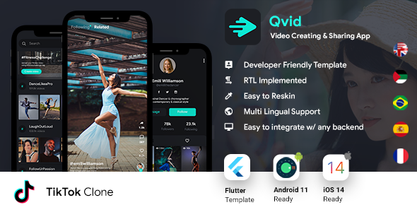 TikTok App | Video Creating Android App Template + Short Video iOS App Template| Flutter 2 | Qvid