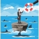 Businessman on Tiny Island in Sea Getting Lifebuoy