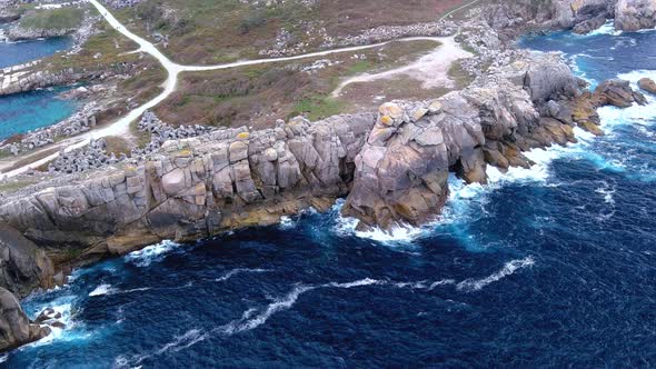 Aerial drone shot over place known as paper cliffs, in the area of Morás, Xove, Lugo, Galicia, Spain