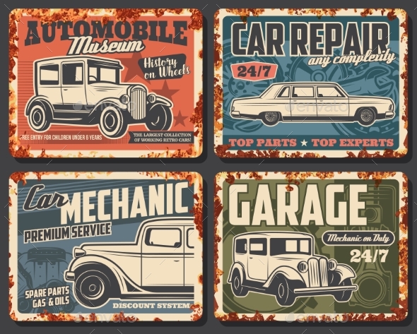 Old Cars and Vehicles Rusty Metal Plate Vector