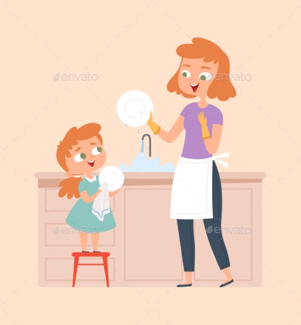 Mother and Daughter Washing Dish. Homework, Family