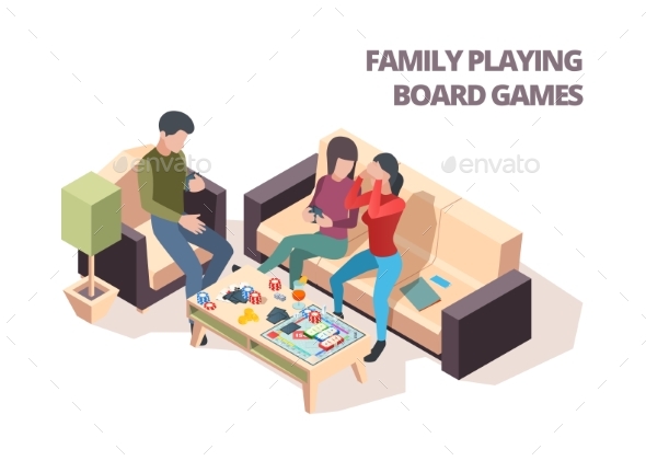 Family Playing Board Game. Cards Monopoly Chess