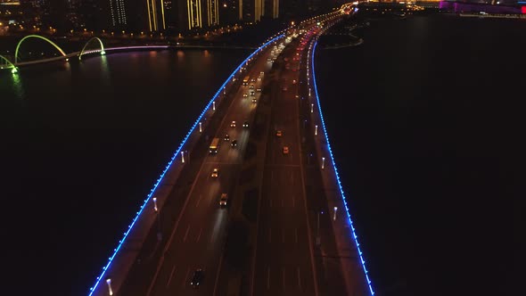Aerial View of the Bridge in the Modern City Panoramic View of the Bridge with Illumination