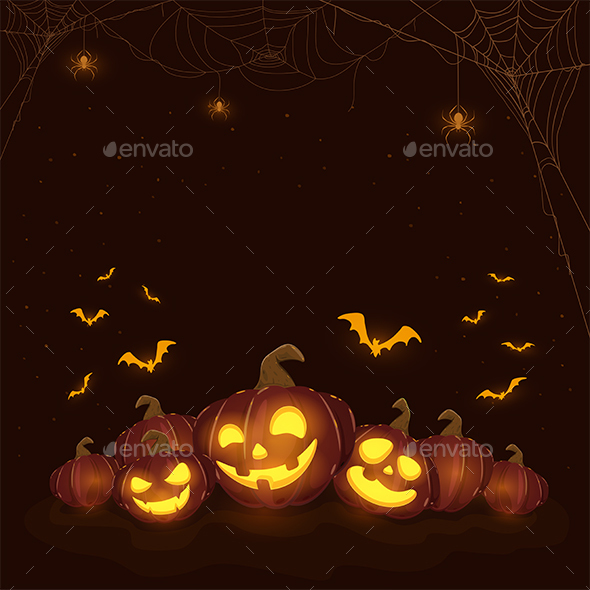 Halloween Theme with Pumpkins and Spiders on Black Moon Background
