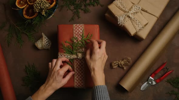 Female Hands Decorating Christmas Gift Box