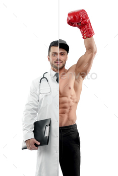 wearing red boxer gloves ,sport trousers, a cap. Doctor wearing white medical gown, having tonometer, keeping disease history.