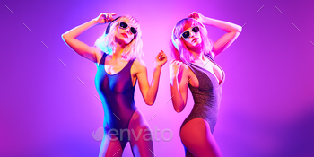 music, friends. Party disco 80s 90s neon nightclub vibes. Model woman in disco bodysuit, makeup dance. Creative art neon light