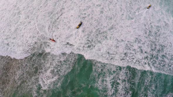 Aerial view of lifeguard surf rescue jet ski personal watercraft in Hawaii