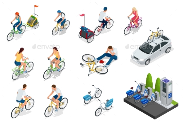 Set of Cyclists, Car with Bike Holder, Bicycle