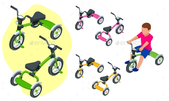 Isometric Children s Tricycle Isolated on White