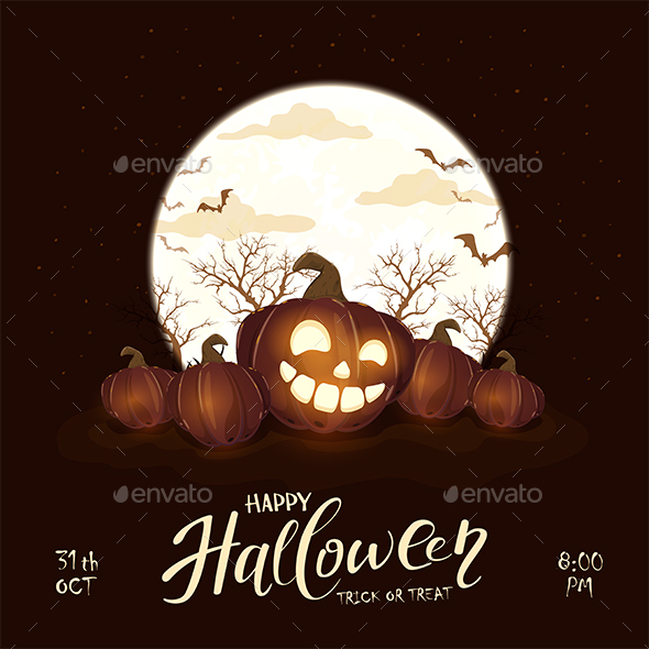 Halloween Pumpkin on Black Background with Moon