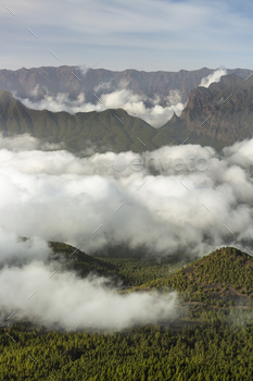 era de Taburiente with La Cumbrecita in La Palma, Spain and passat clouds in the valley.