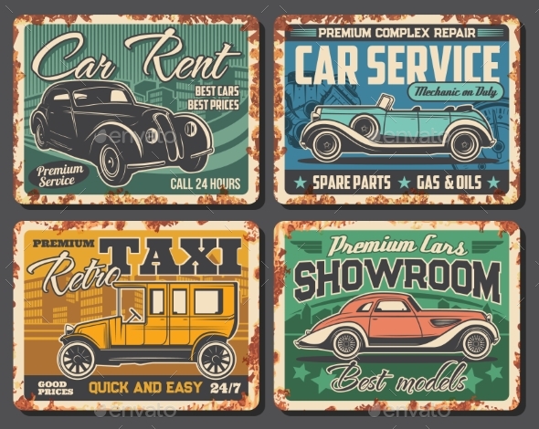 Taxi and Car Rent Service Rusty Metal Plate Vector