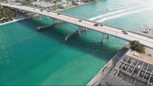 Amazing Bridge Aerial Sequence On A1A In Miami With Traffic and Watercraft