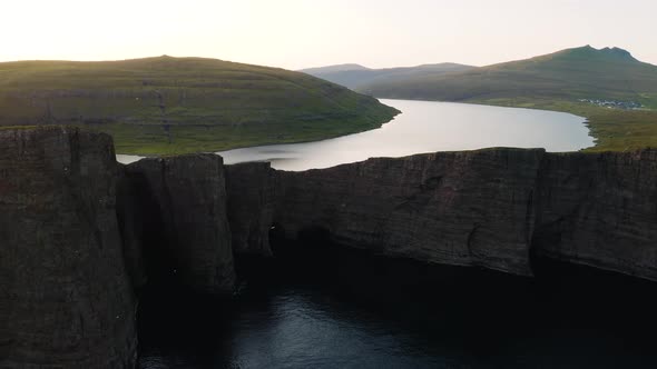 Aerial Drone Video Flying Over of Sorvagsvatn Lake