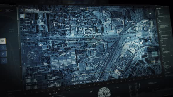 High Tech Satellite Surveillance System Searching Modern City Map For Target alt