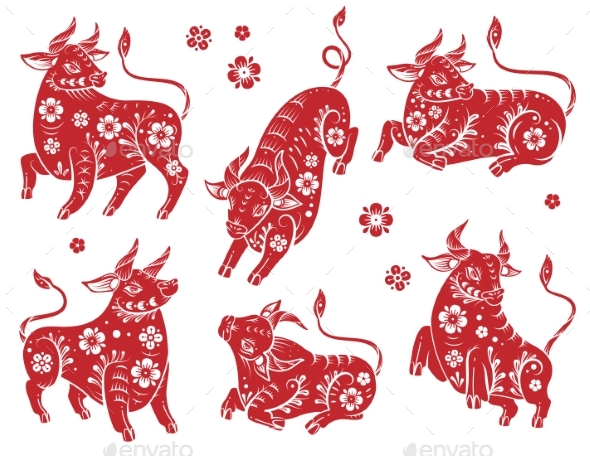 Chinese New Year 2021 Ox. Red Paper Cut Buffalo