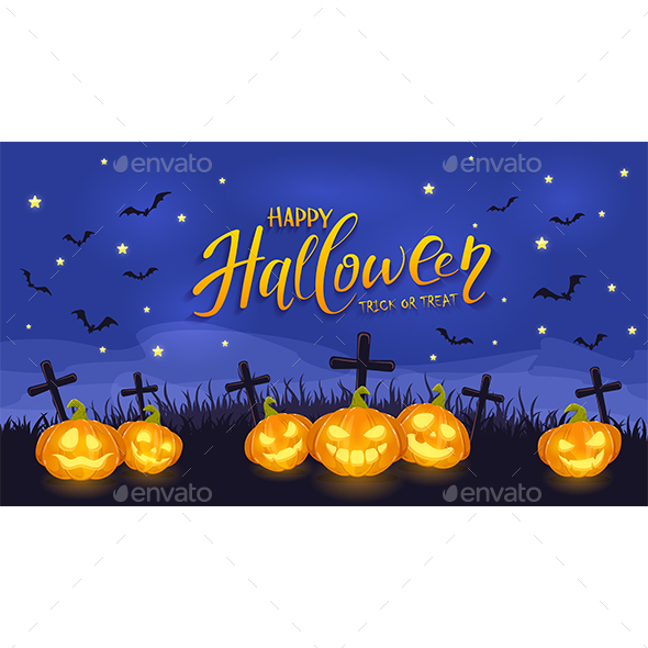 Lettering Happy Halloween in Sky with Pumpkins on Cemetery and Bats