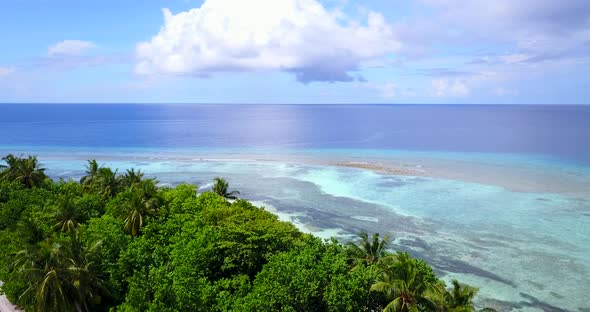 Daytime above copy space shot of a paradise sunny white sand beach and aqua blue ocean background in