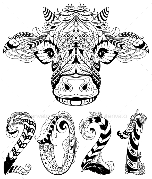 Cow Head Symbol 2021 New Year Text Lettering