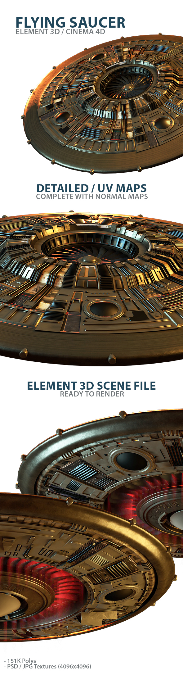UFO Flying Saucer 3D Model for Element 3D & Cinema 4D