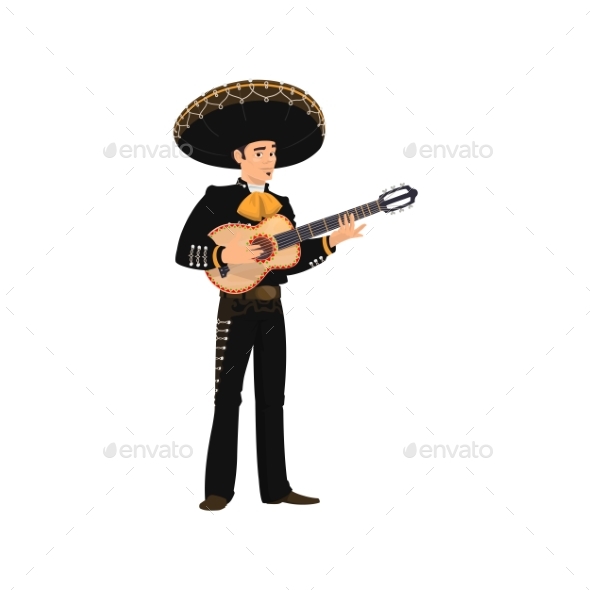 Mariachi Musician in Sombrero Hat Playing Guitar