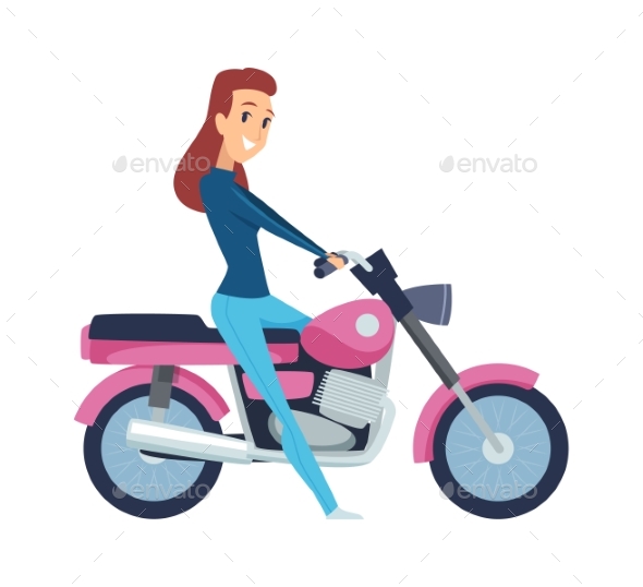 Girl Driver. Woman on Motorcycle. Isolated