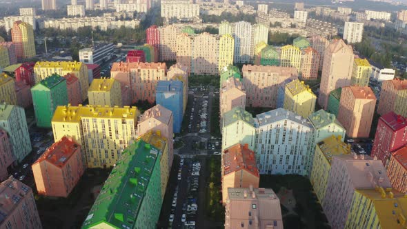 Top view of the colorful modern buildings, aerial footage from the drone 