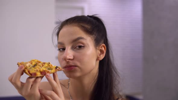 Woman Eating Pizza Enjoying Tasty Food Fast Food Addiction Unhealthy Diet