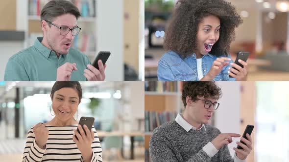 Collage of Different Races People Celebrating Success on Smartphone