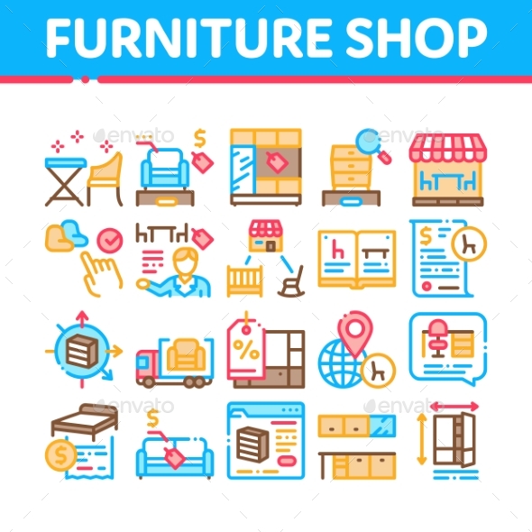Furniture Shop Market Collection Icons Set Vector