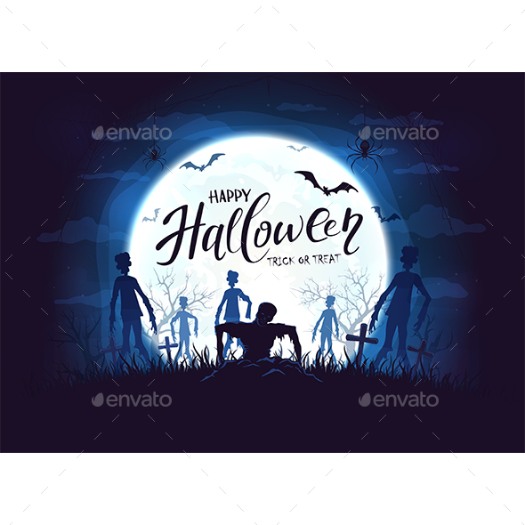 Halloween Background with Zombies and Bats on Blue