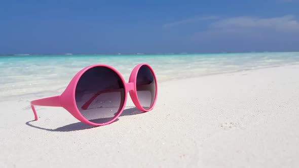 Aerial travel of tropical coast beach time by shallow ocean with white sandy background of a dayout 