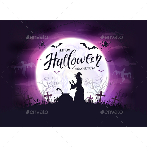 Halloween Background with Witch and Bats on Purple