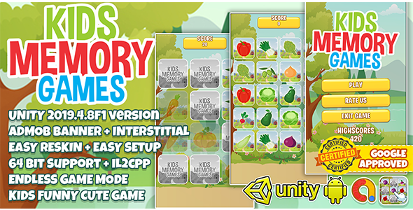 Kids Memory Match Unity3D + Admob Ads + Easy Reskin